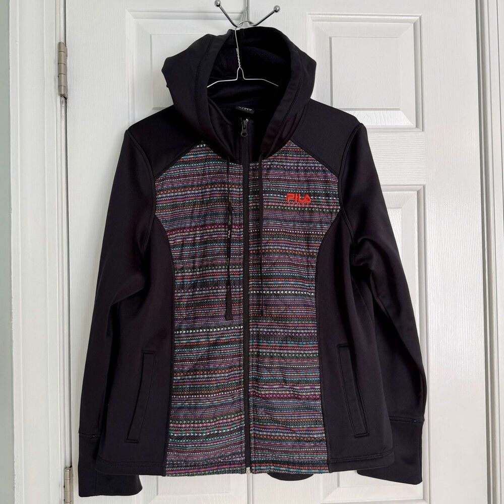 FILA Sport Women's Full Zip Hooded Striped Aztec Hoodie Jacket w/ Pockets Size L